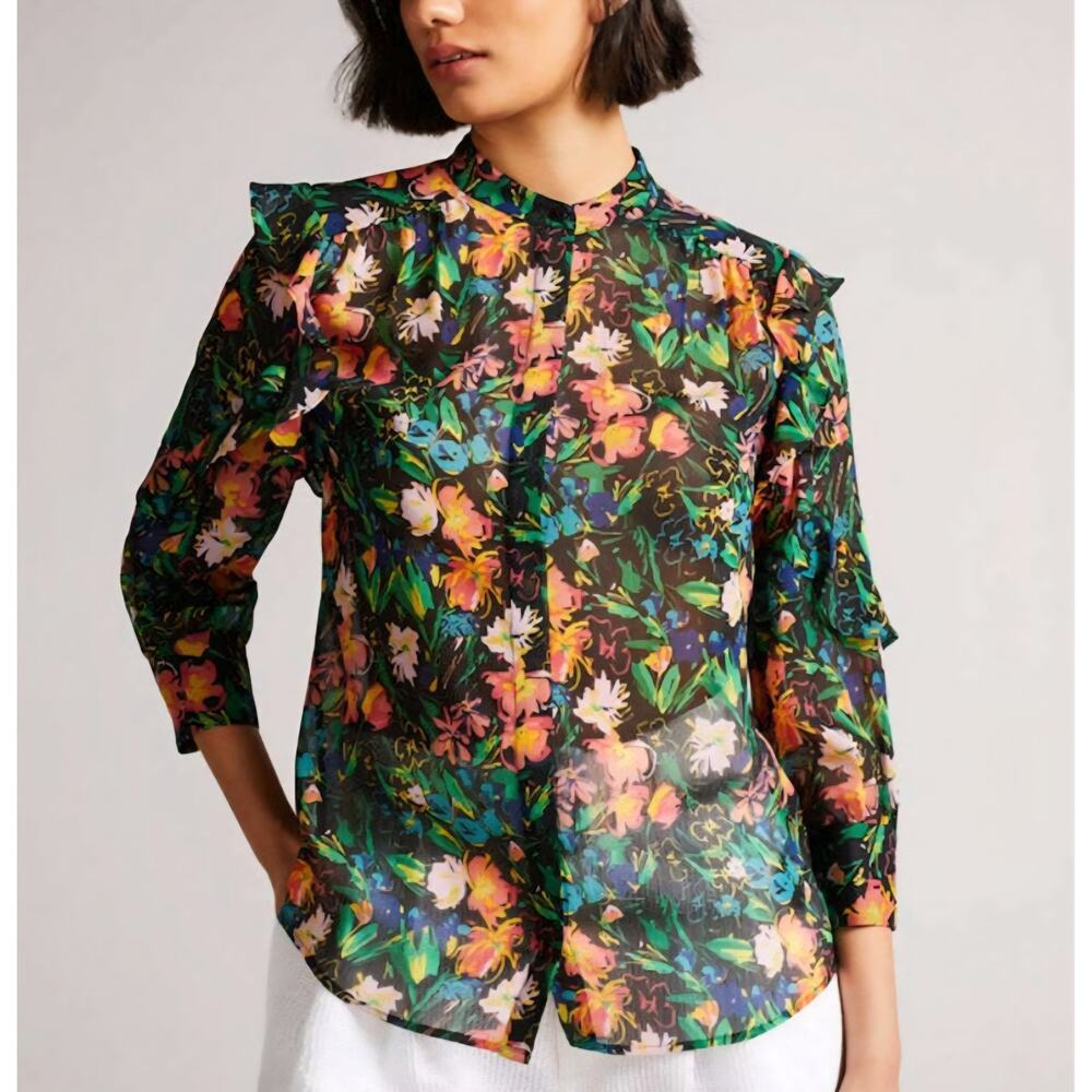 Ted Baker Semi-Sheer Floral Ruffle Blouse Top Size US 6 (Tag size 2) Black